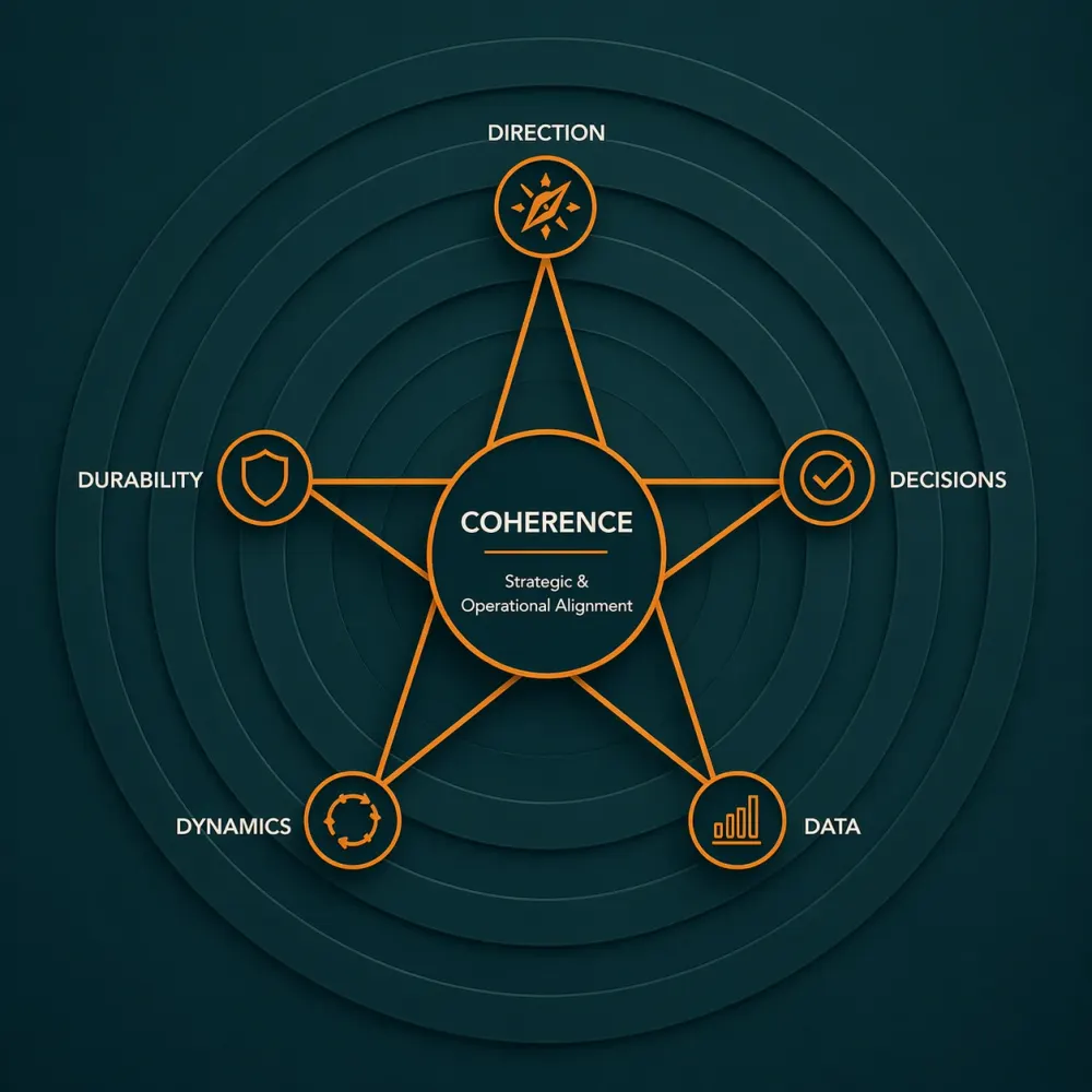 The 5D Performance™ Star: Direction, Decisions, Data, Dynamics and Durability arranged around Coherence at the centre
