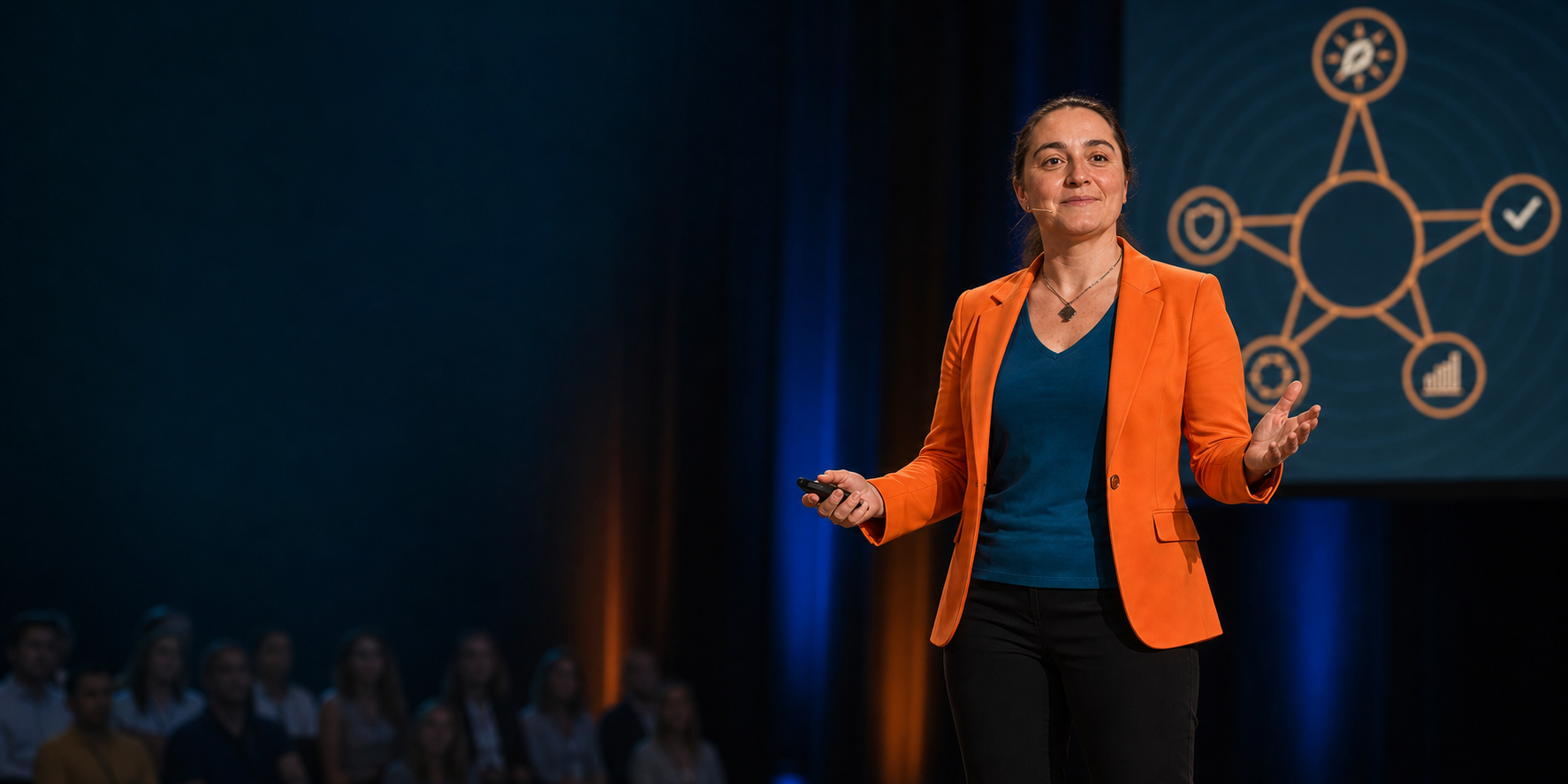 Oana Garcia speaking on a professional stage with the 5D model behind her